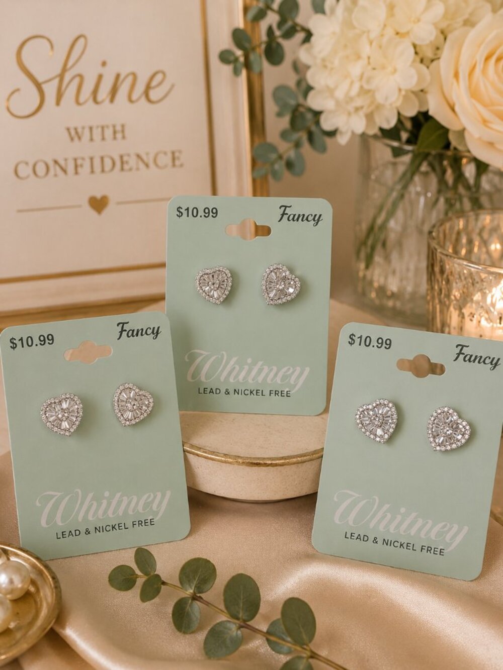 NWT Whitney Fancy Crystal Heart Stud Earrings 3-Pack | Lead & Nickel Free